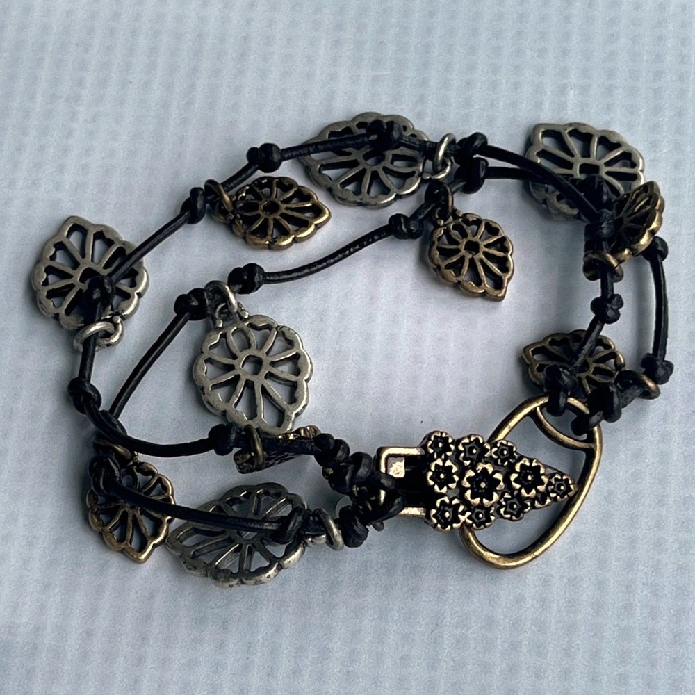 Lucky Brand Womens Black Leather‎ Mixed Metal Charm Boho Western Hippie Bracelet